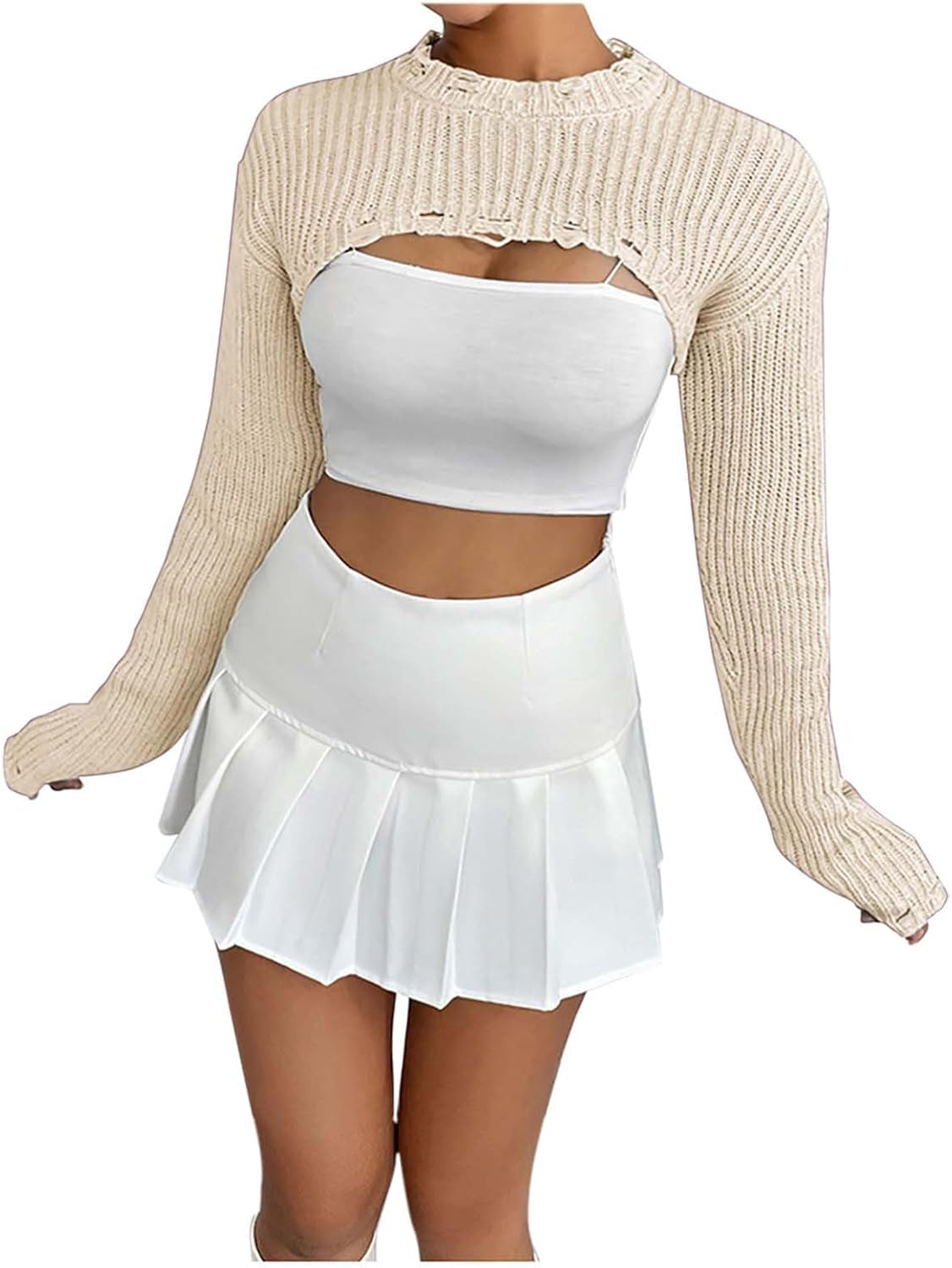 Hgps8W Women'S Cropped Sweater, Sexy Ripped Long Sleeve Crewneck Loose Pullover Knitwear Tops