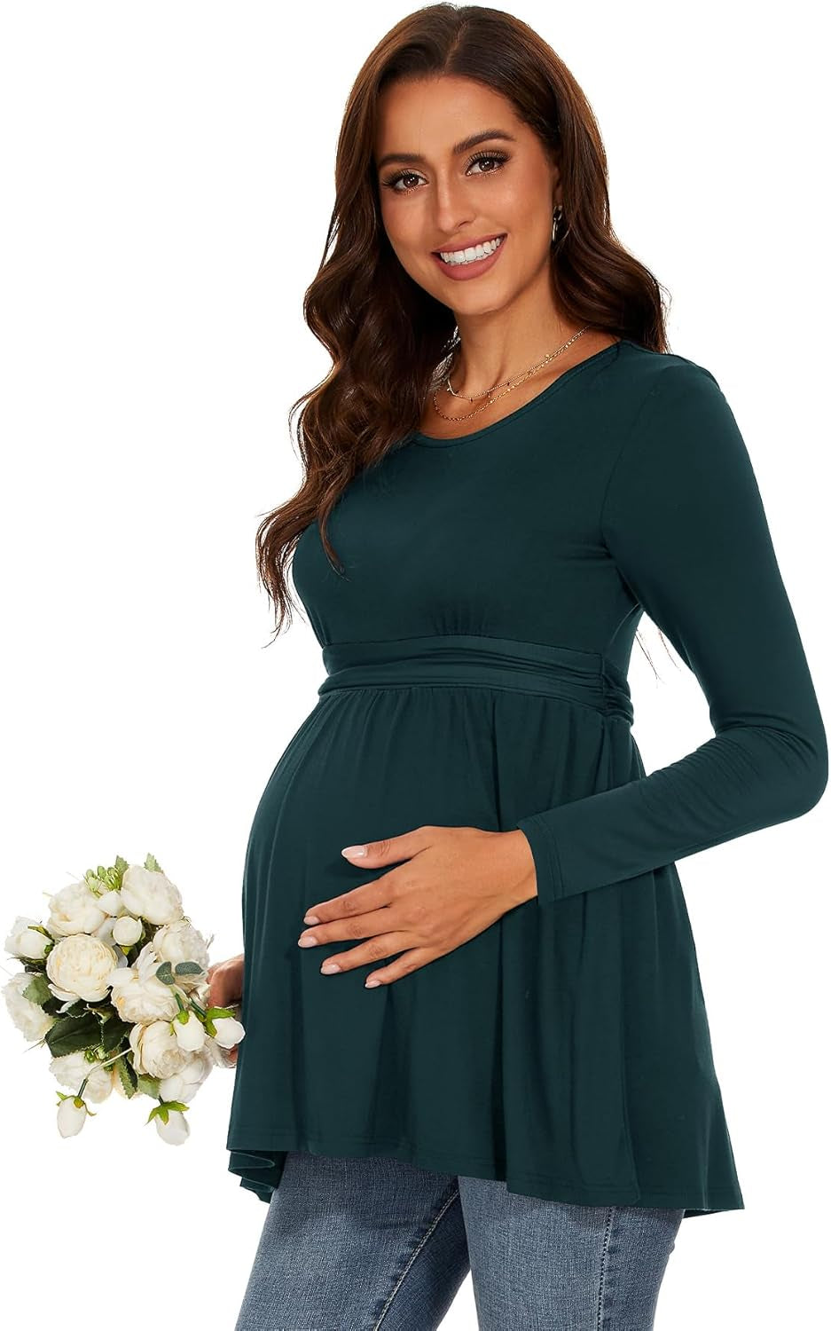 Women'S Maternity Tops Short & Long Sleeve Pleated Waist Shirts Pregnancy Clothes