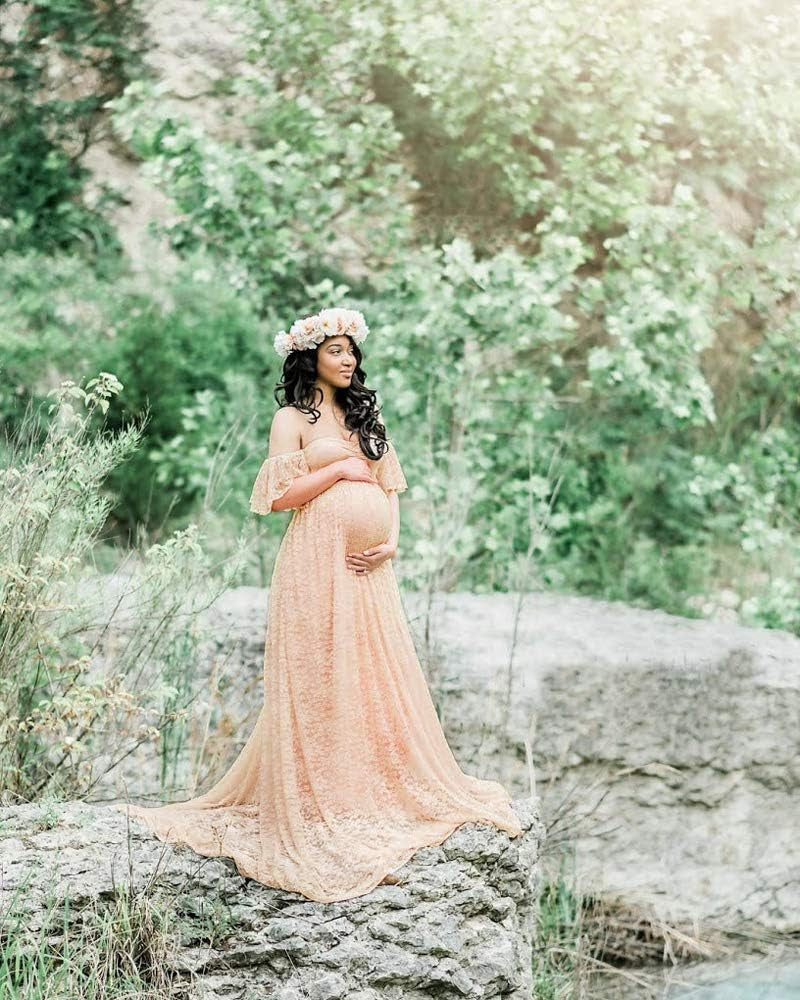 Sicily Women'S Lace Off-Shoulder Long Maternity Dress plus Photography