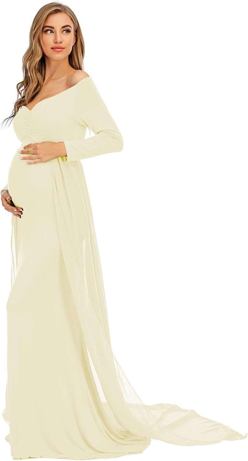 ZIUMUDY Maternity off Shoulder Long Sleeve Fitted Gown Maxi Chiffon Dress for Photo Shoot Baby Shower