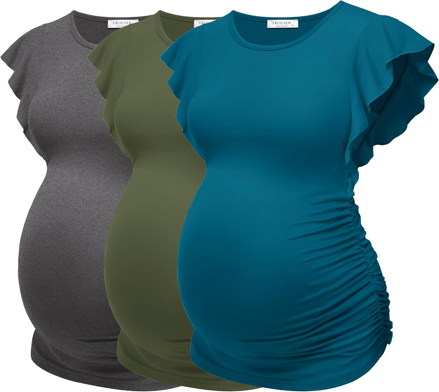 Ekouaer Women'S Maternity Shirts 3 Packs Flying Short Sleeve Pregnancy Tops Side Ruched Tunic Blouse Mama Clothes S-XXL