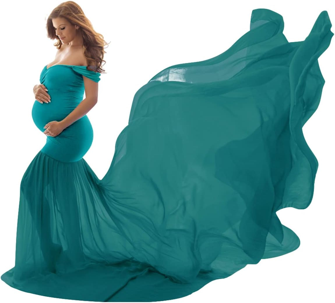 Women Maternity Dress for Photography Mermaid off Shoulder Slim Fitted Chiffon Gown Flowy Baby Shower Maxi Photo Props Dress