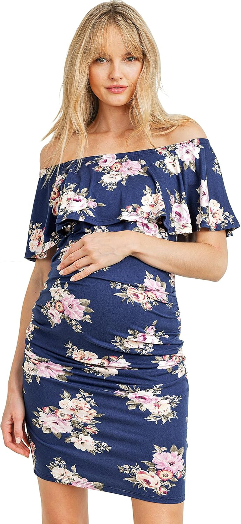 Hello MIZ Women'S Floral Ruffle off Shoulder Maternity Dress - Made in USA