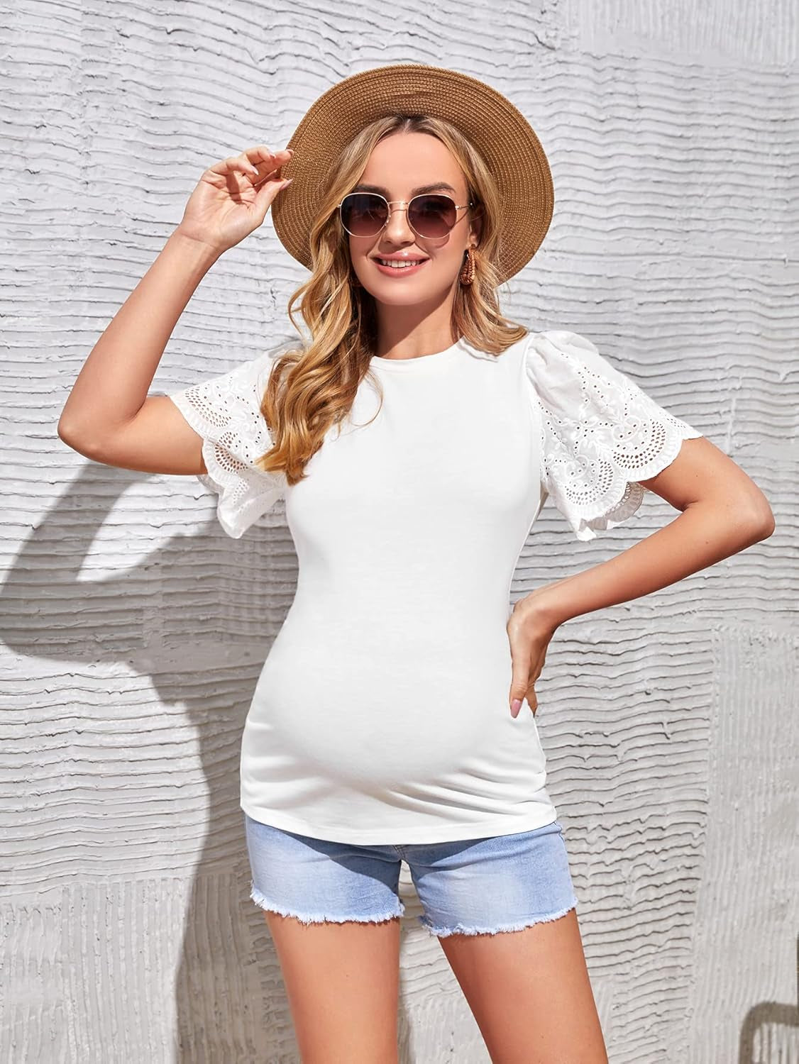 Verdusa Women'S Maternity Scalloped Short Sleeve round Neck Pregnancy Tee Top
