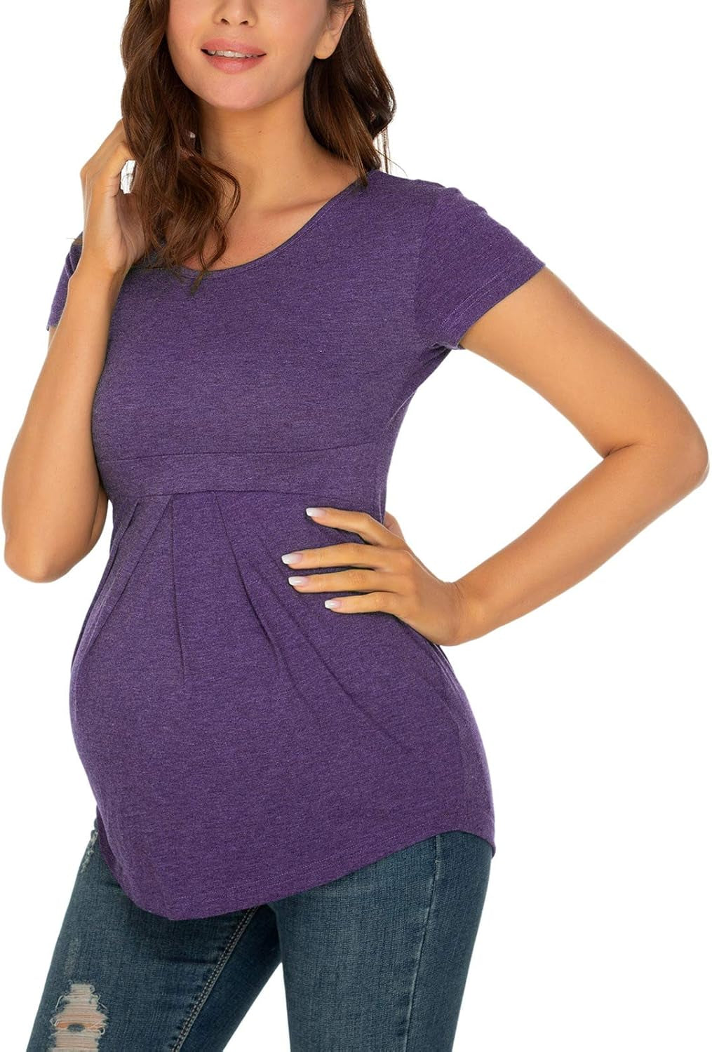 Glampunch Women'S Maternity Tops Short & 3/4 Sleeve round Neck Front Pleat Peplum Tunic Top Pregnancy Shirts