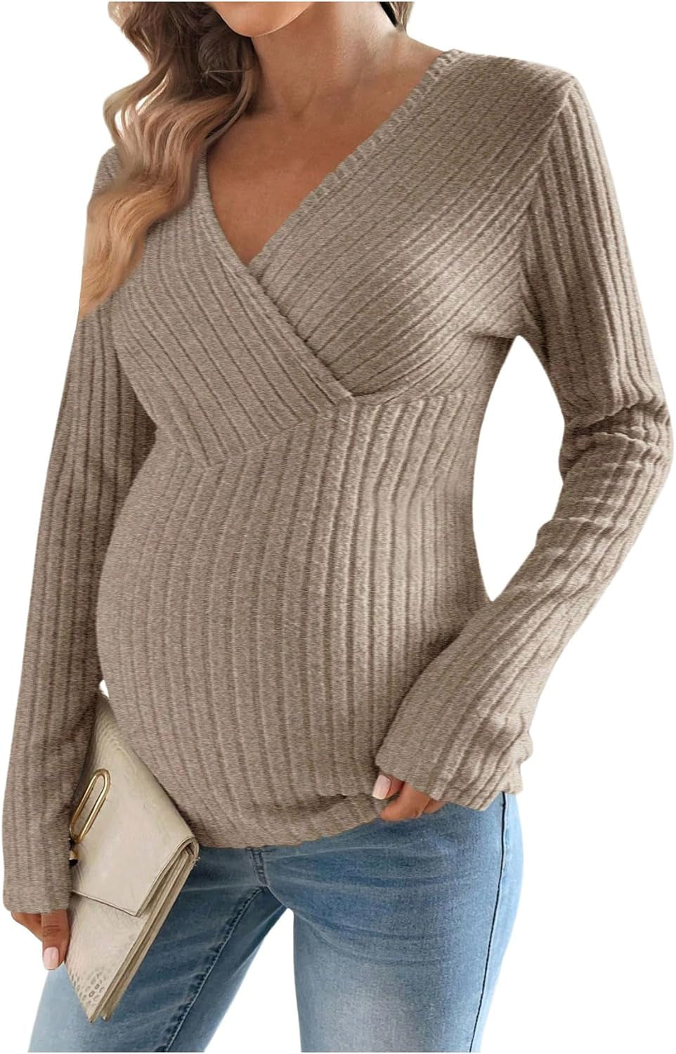 Sweatyrocks Women'S Maternity Tops V Neck Long Sleeve Ribbed T Shirts Pregnancy Clothes