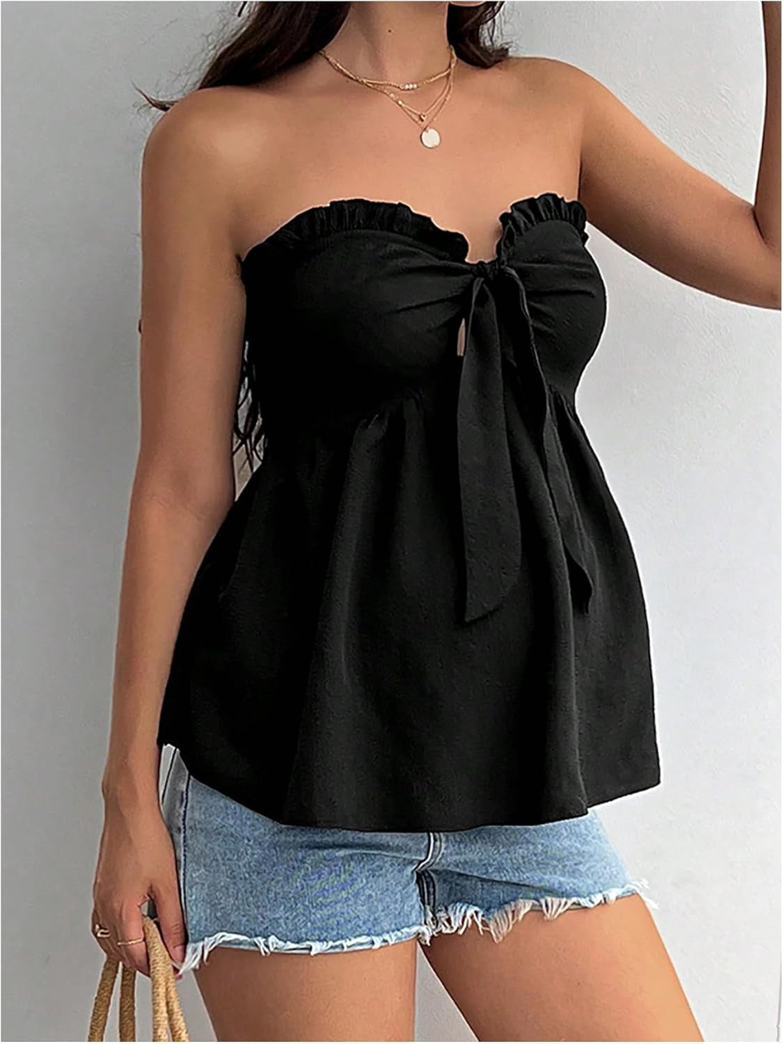 GORGLITTER Women'S Maternity Strapless Tube Top Frill Trim Knot Front Peplum Ruffle Tops