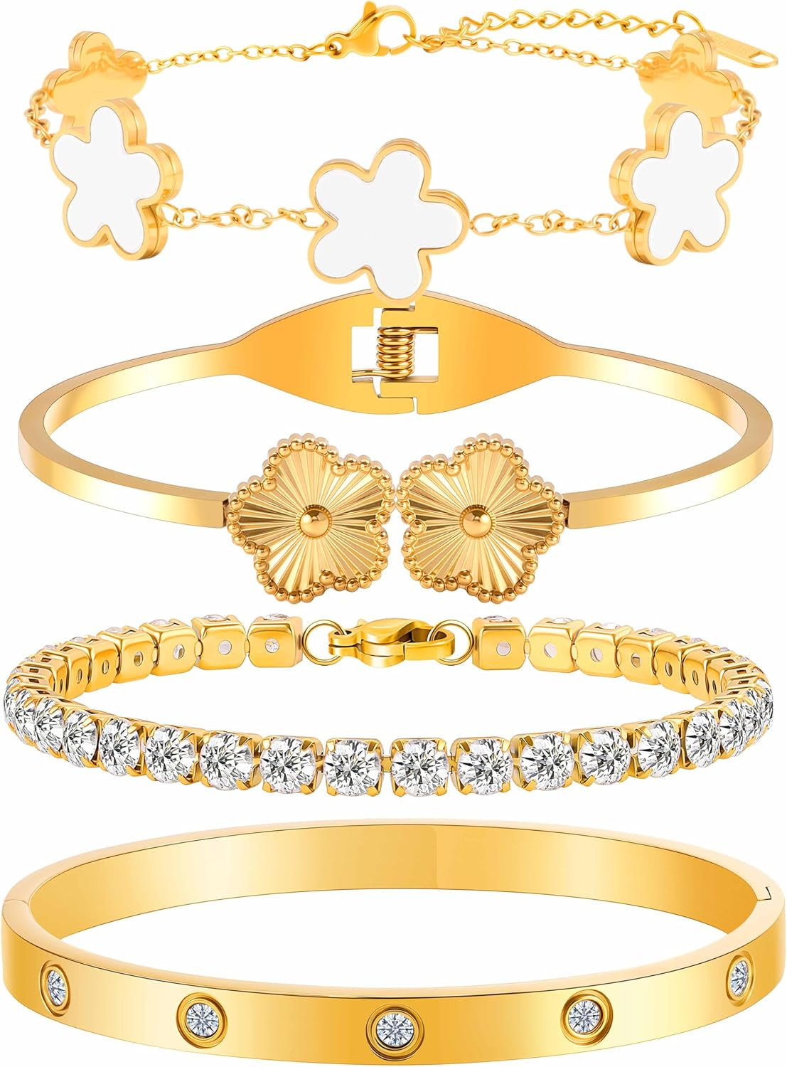 18K Gold Bracelets for Women - Clover Cuff & Cubic Zirconia Tennis Bangle Set - Non-Tarnish Stainless Steel Jewelry Gift for Valentine‘S, Christmas & Mother’S Day
