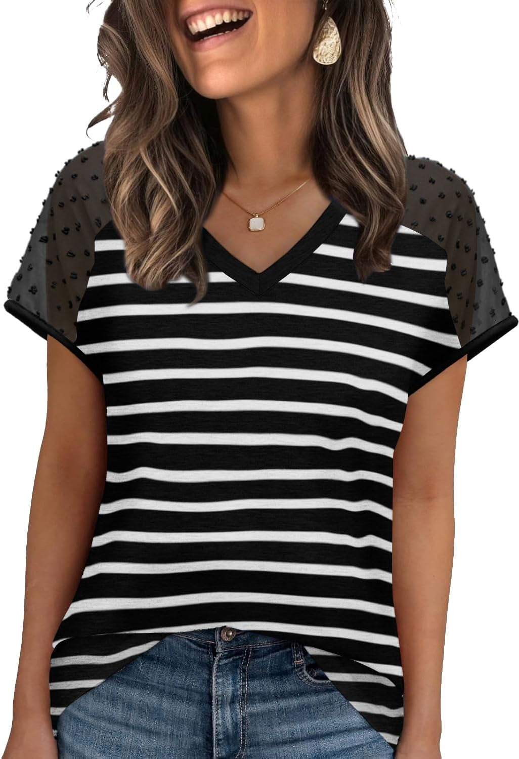 WIHOLL Summer Tops for Women V Neck T-Shirts Swiss Dot Short Sleeve Shirts Casual Fashion Blouses