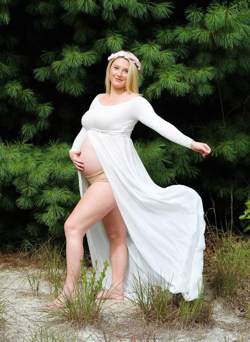 ZIUMUDY Maternity Maxi Chiffon Photography Dress Split Front Gown for Photoshoot