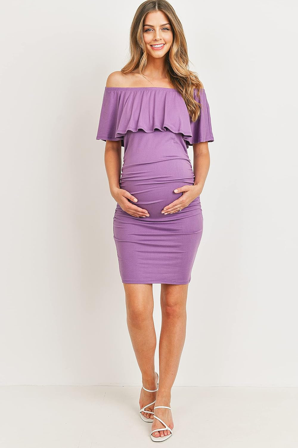 Hello MIZ Women'S Floral Ruffle off Shoulder Maternity Dress - Made in USA