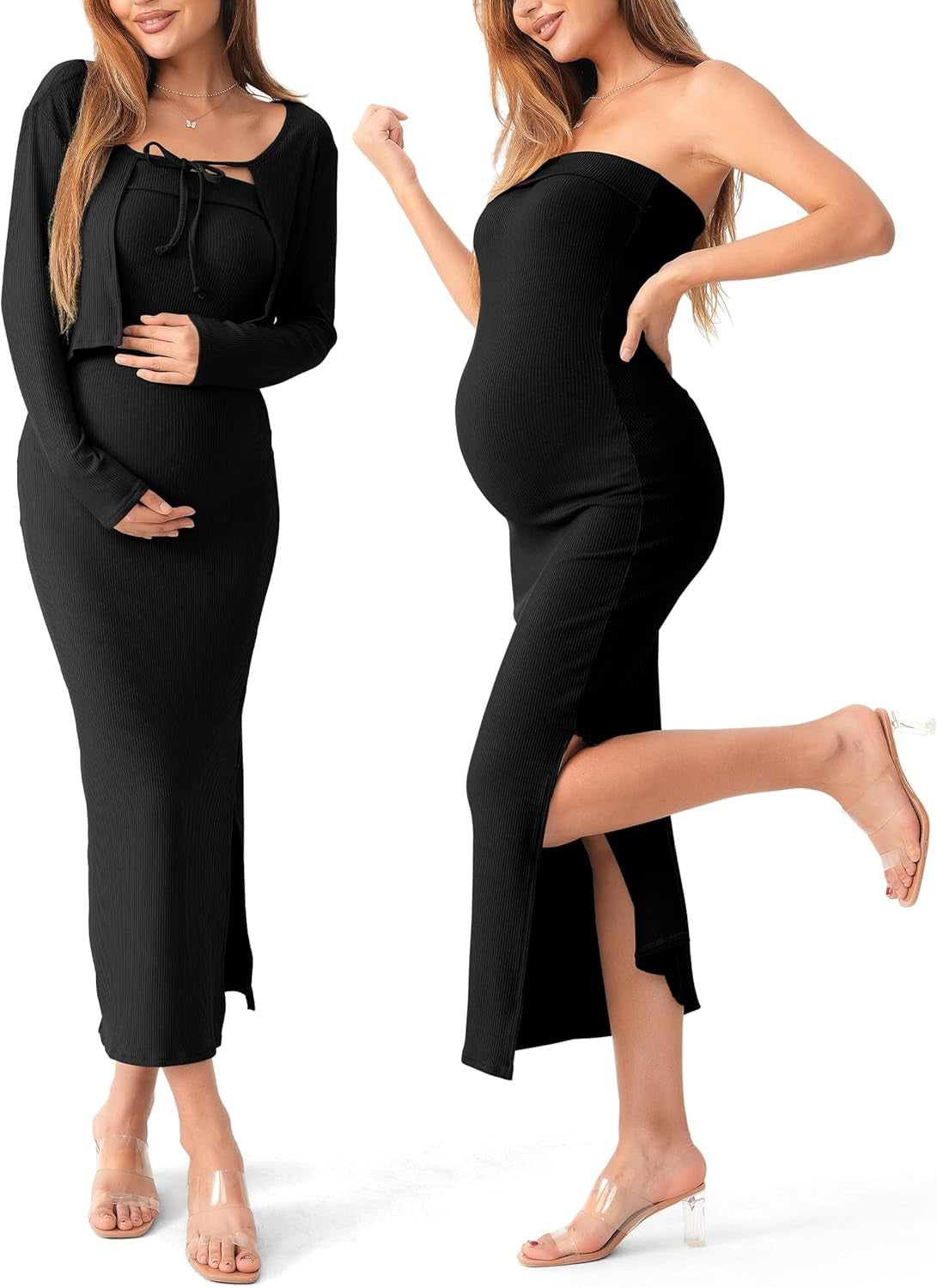 SUNNYBUY Baby Shower Maternity Tube Dress Short Cardigan Bodycon Ribbed Maxi Dress Casual 2 Piece Pregnancy Outfit Set