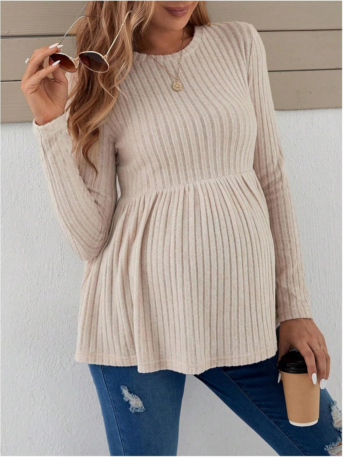 Women'S Maternity Tee Shirt Long Sleeve Ruffle Hem Shirts Ribbed Knit round Neck Peplum Pregnancy Tops Khaki Large