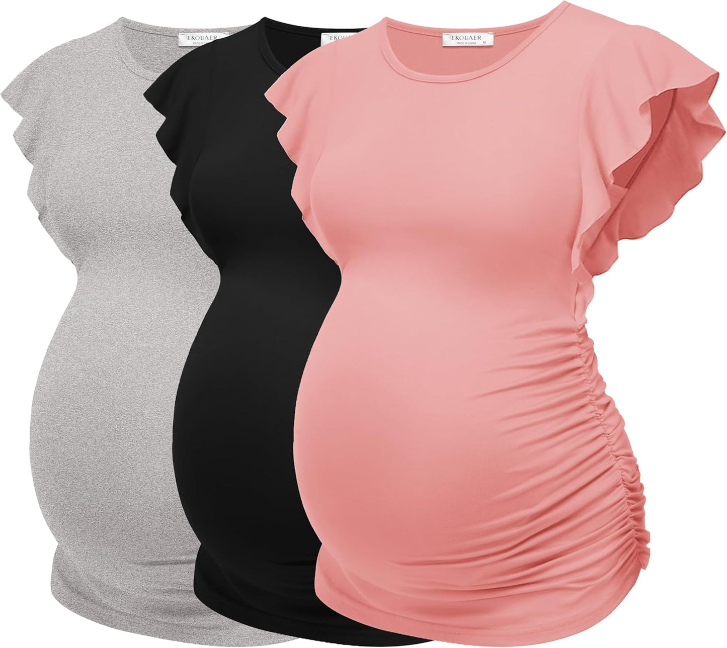 Ekouaer Women'S Maternity Shirts 3 Packs Flying Short Sleeve Pregnancy Tops Side Ruched Tunic Blouse Mama Clothes S-XXL