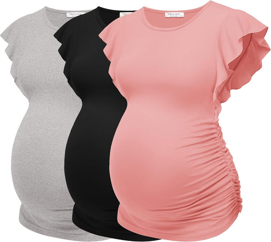 Ekouaer Women'S Maternity Shirts 3 Packs Flying Short Sleeve Pregnancy Tops Side Ruched Tunic Blouse Mama Clothes S-XXL