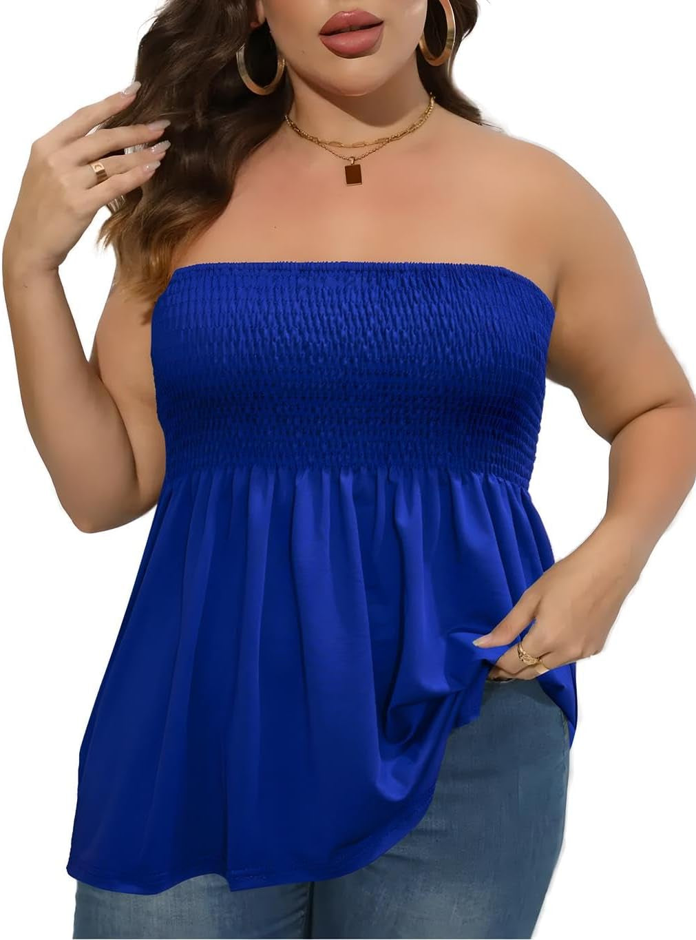 Comeon Women'S plus Size Tube Tops Strapless Blouse Pleated Sleeveless Stretchy Sleeveless Flare Hem Tube