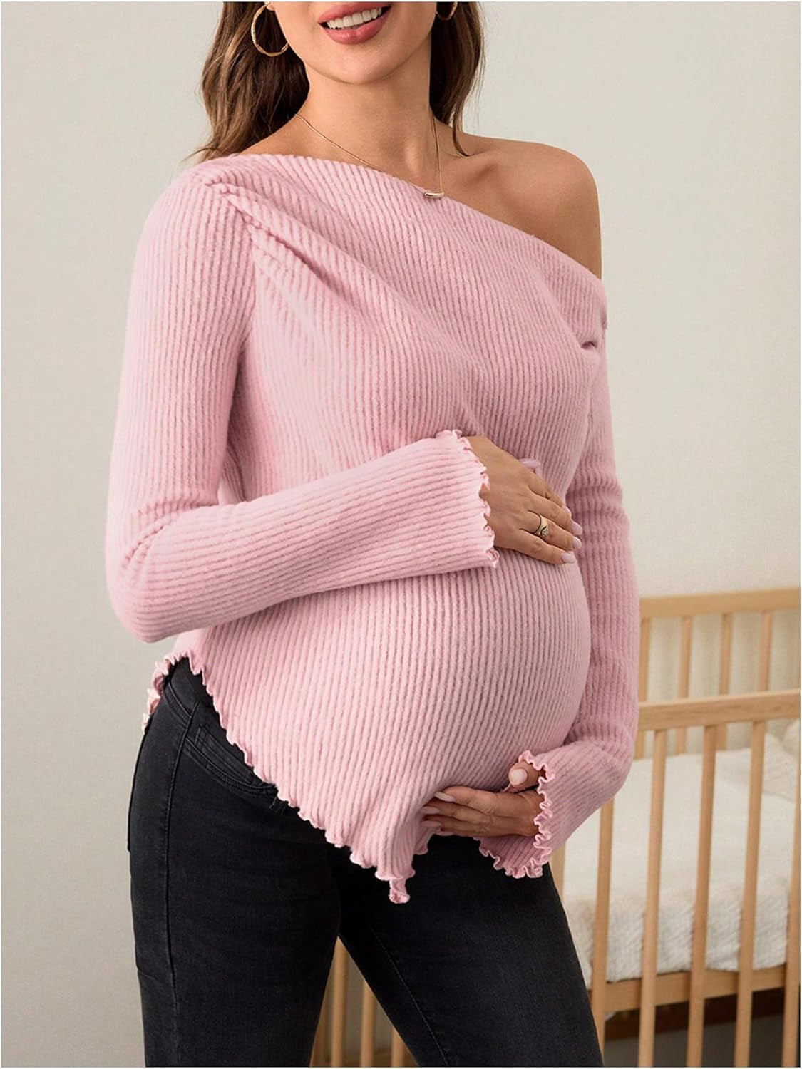 Makemechic Women'S Maternity Tops One Shoulder Ruched Asymmetrical Lettuce Trim Pregnancy Rib Knit Tee Shirt