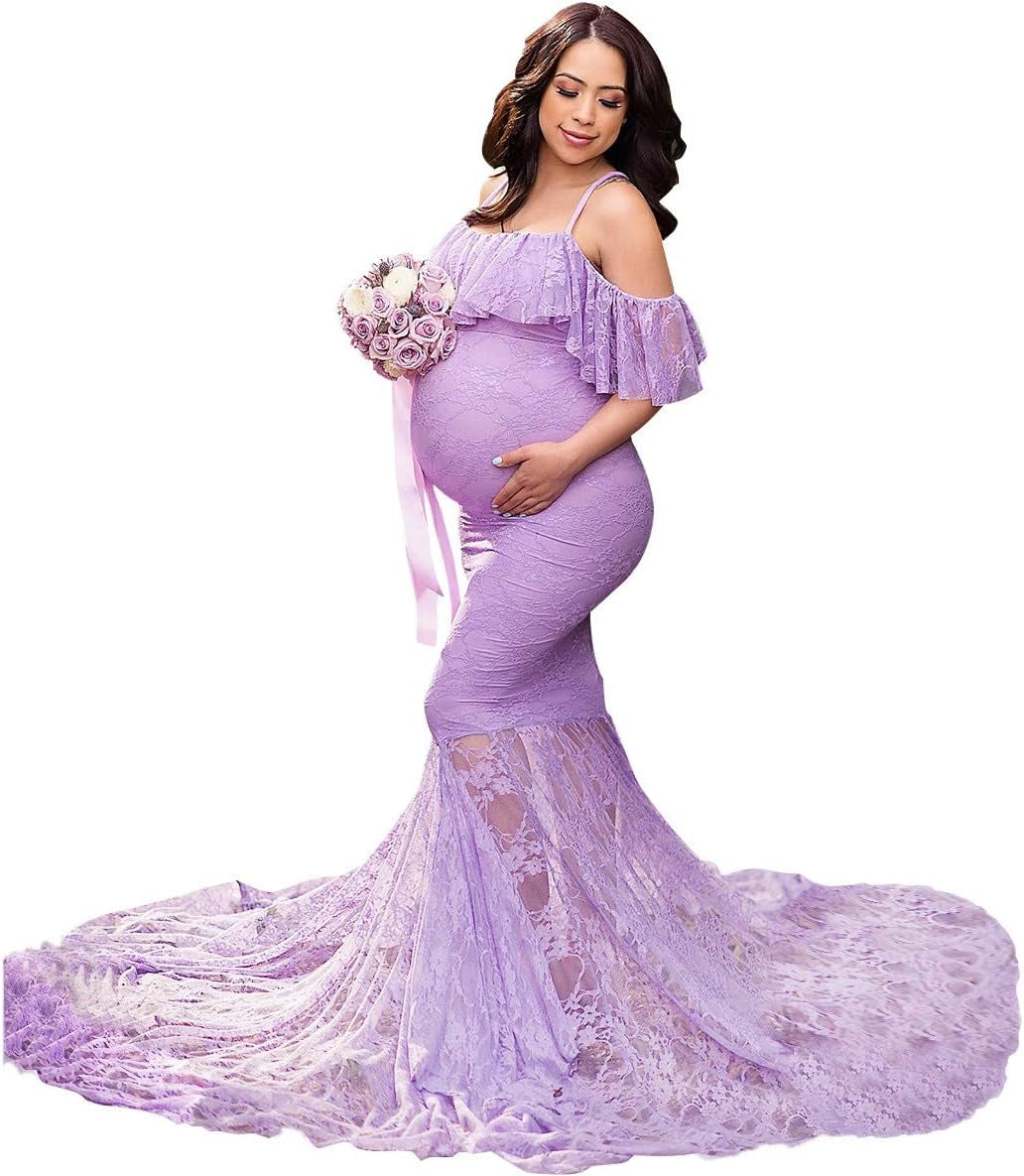MYRISAM Women Maternity Lace Mermaid Gown off Shoulder Ruffle Slim Fitted Photo Shoot Wedding Party Prom Baby Shower Dress