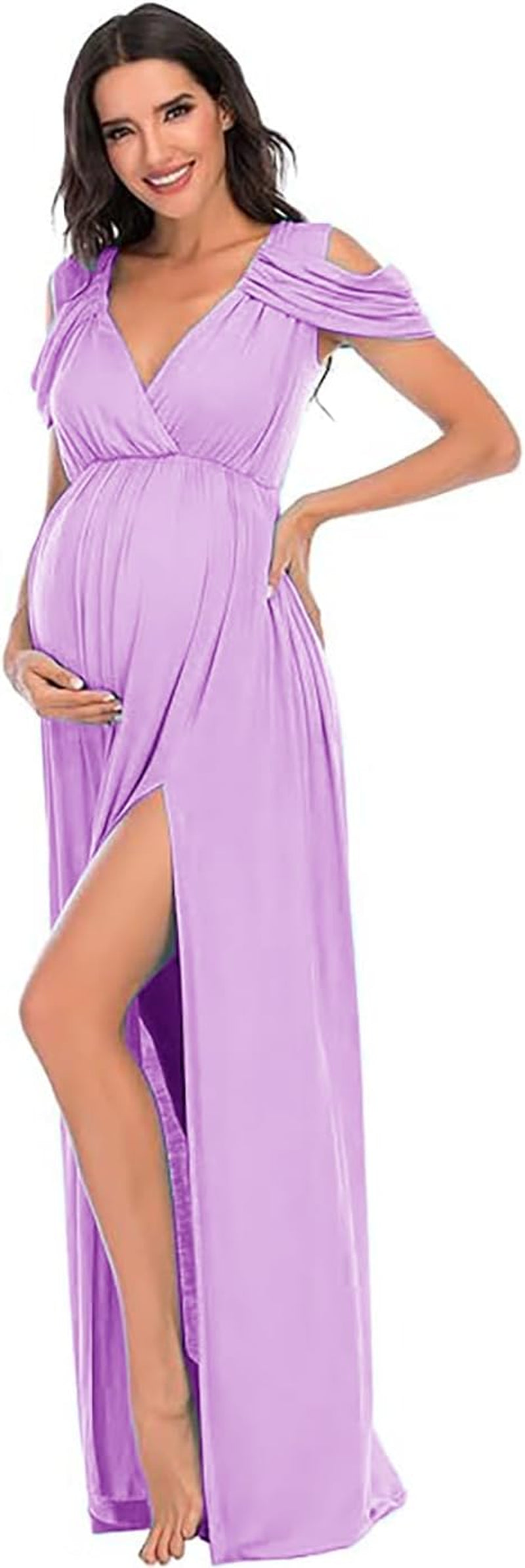 ZIUMUDY Maternity off Shoulder V Neck Wraped Photography Photoshoot Dress Maxi Baby Shower Dress