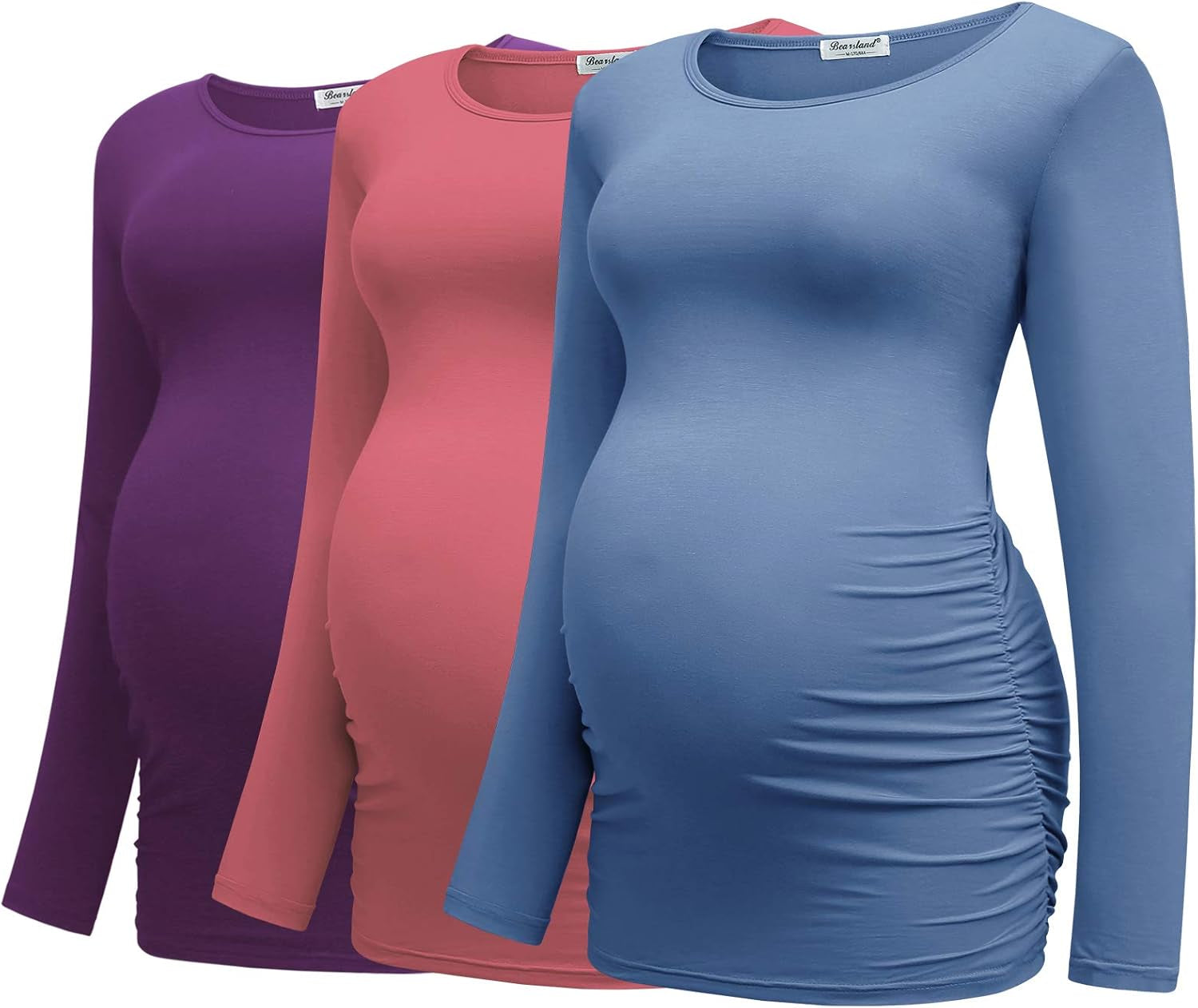 Bearsland Womens Maternity Long Sleeve Tshirt 3 Packs Classic Side Ruched Tee Top Mama Pregnancy Clothes