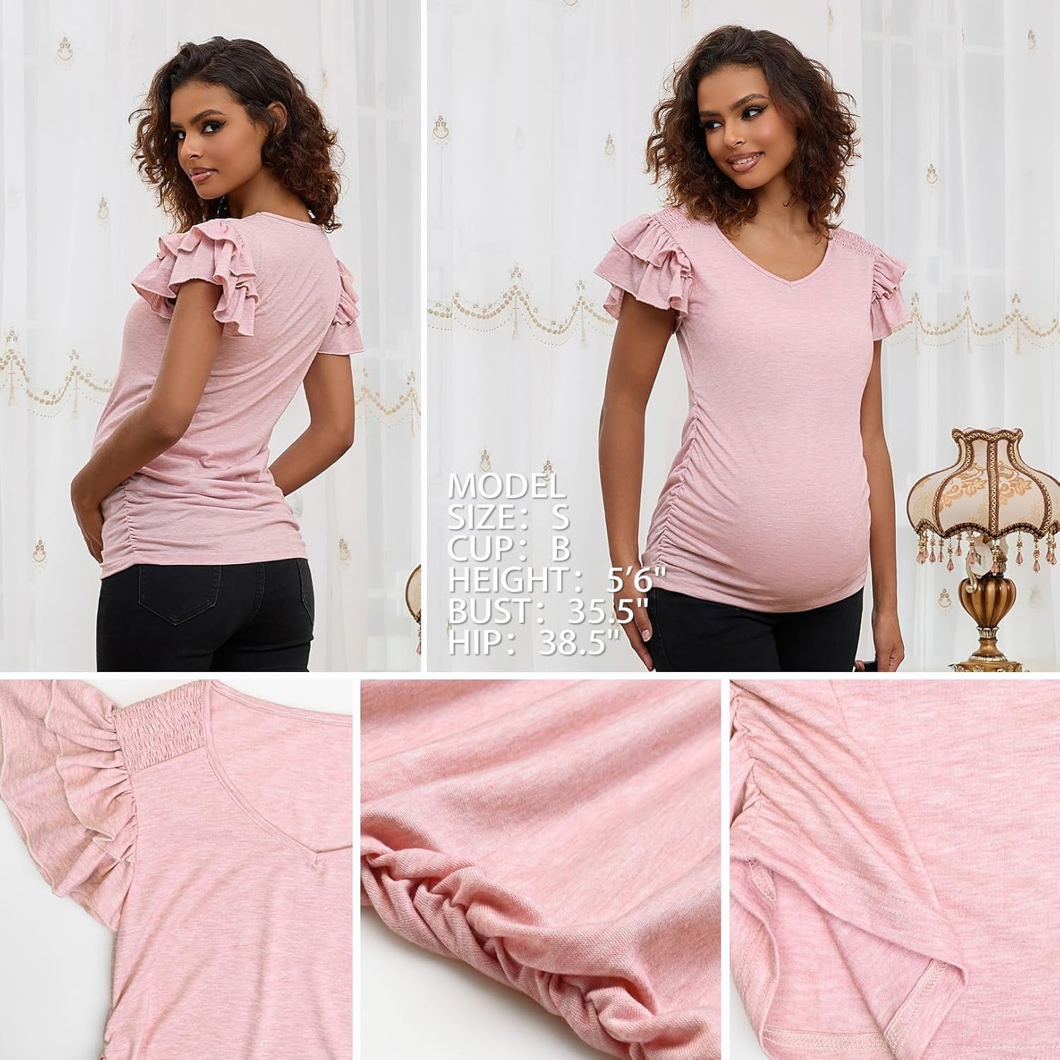 Bhome Maternity Summer Ruffle Tops,Casual Frilled V-Neck Short Sleeve Fitted Blouse Shirts Trendy for Women