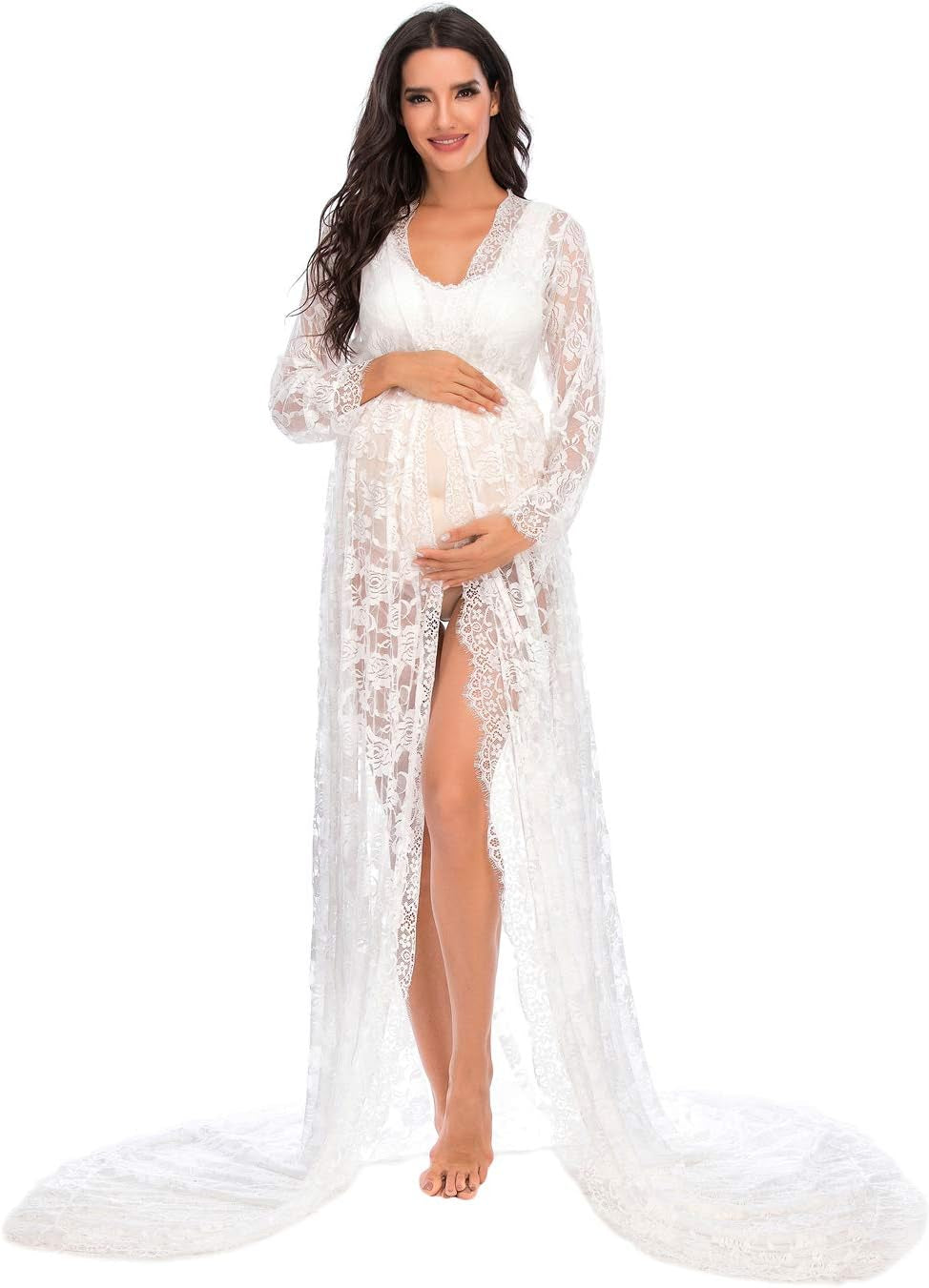 ZIUMUDY Maternity Deep V-Neck Split Front See-Through Maxi Lace Dress for Photography with Long Sleeve