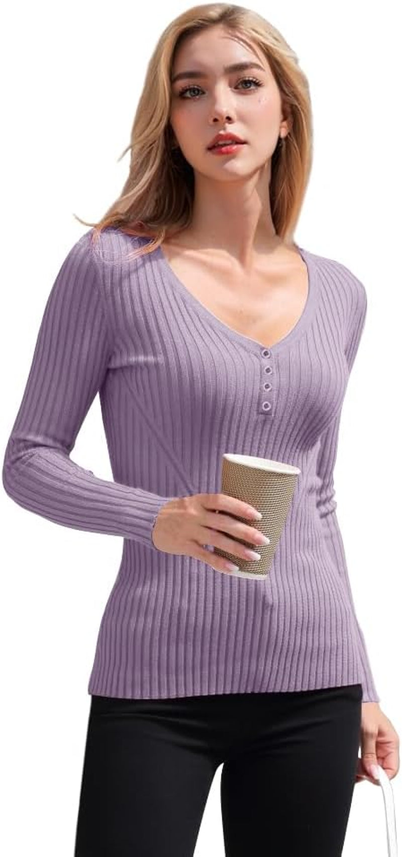 V28 Women Tops Long Sleeve V Neck Henley Button up Casual Sexy Slim Fit Ribbed Knit Knitwear Pullover Sweater