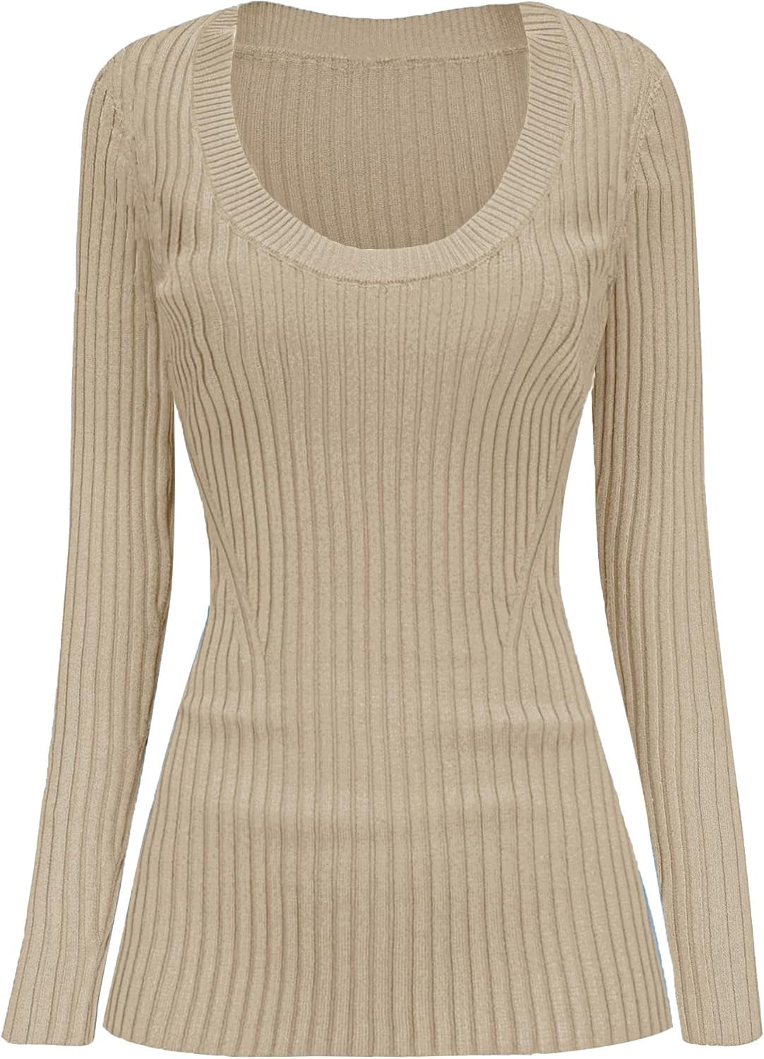 V28 Women Scoop Neck U-Neck Knit Long Sleeve Slim Fit Ribbed Sweater Tops