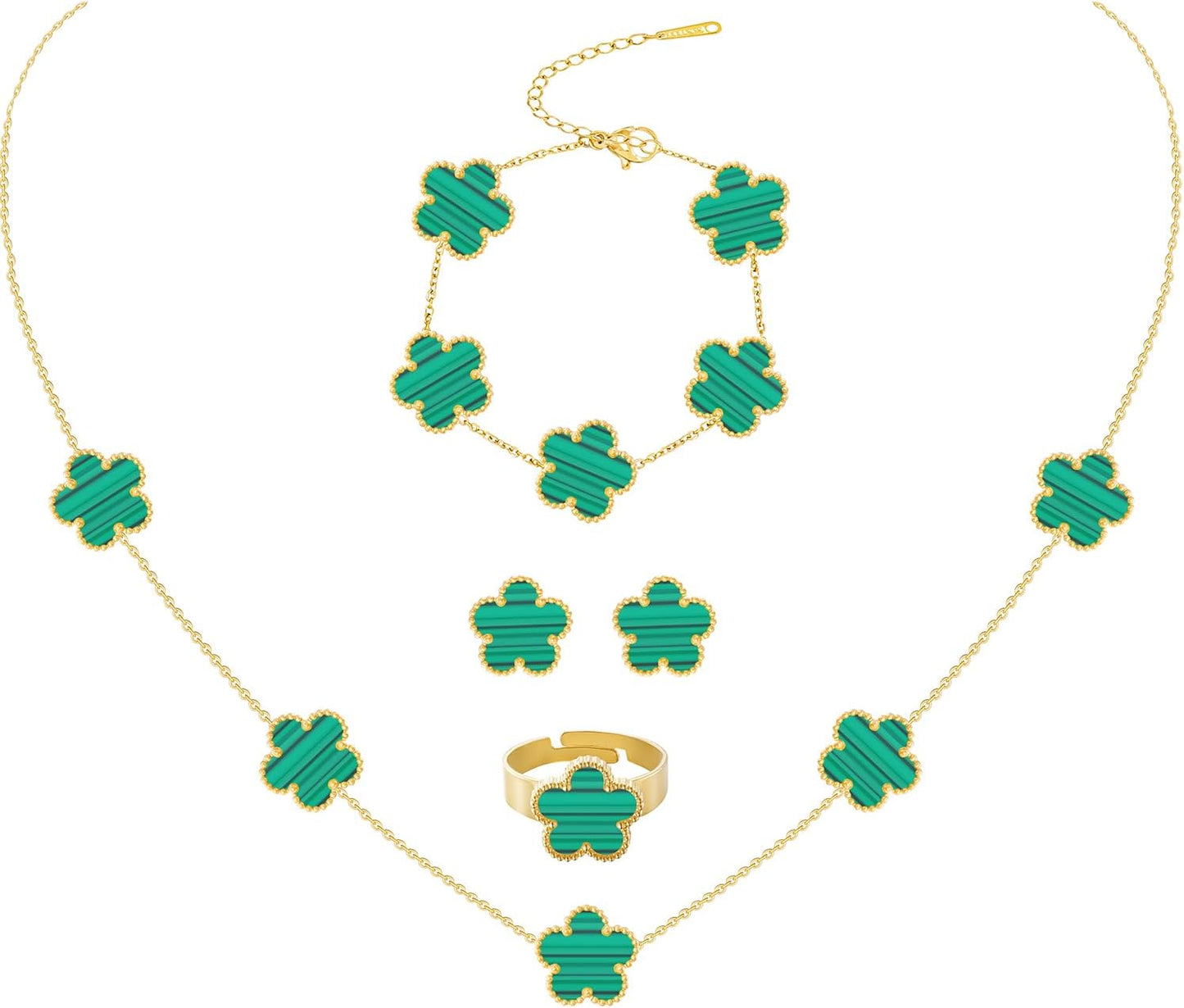 Gold Plated Stainless Steel Four Leaf Clover Bracelet Necklace Earrings and Ring Jewelry Set for Women