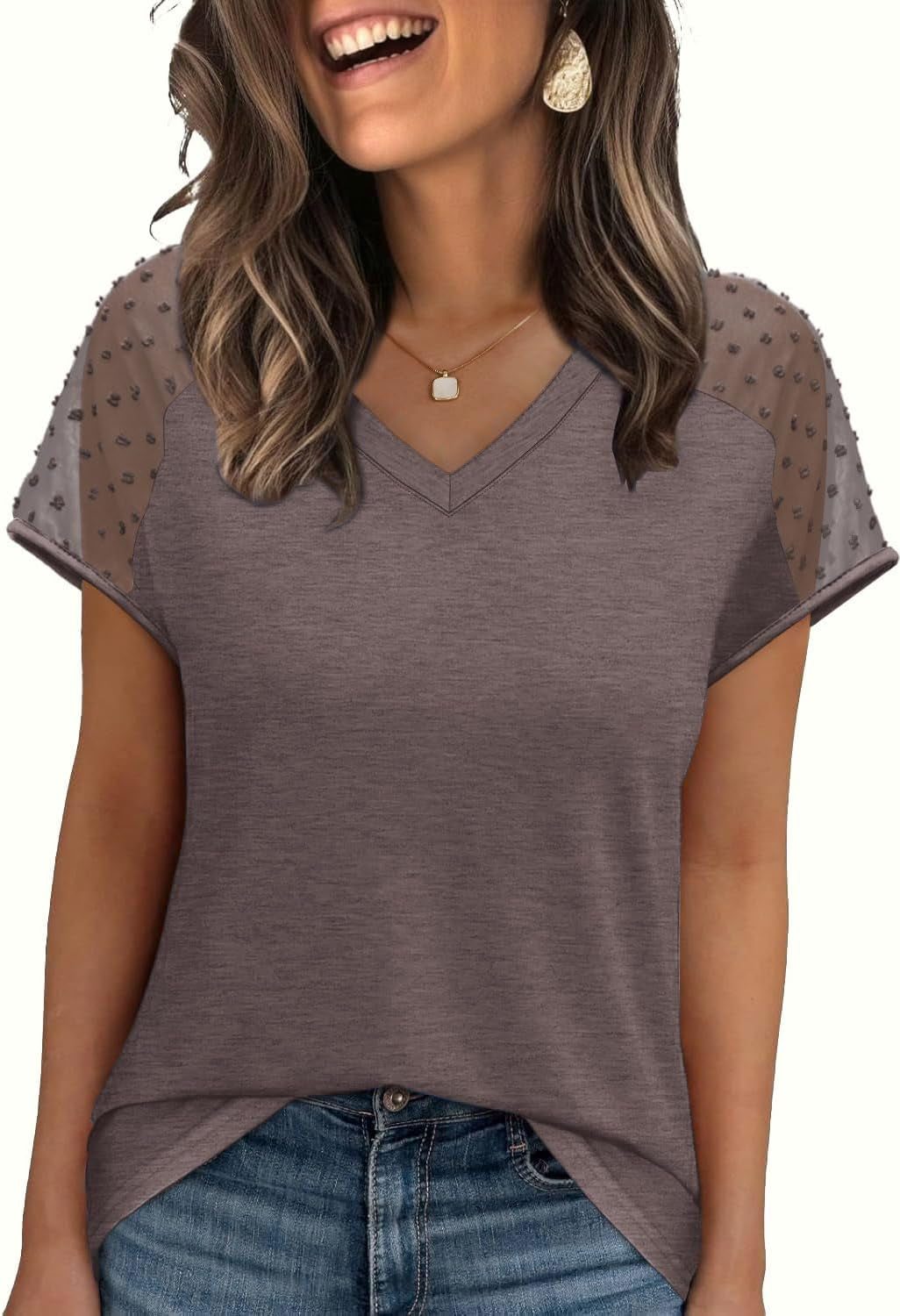 WIHOLL Summer Tops for Women V Neck T-Shirts Swiss Dot Short Sleeve Shirts Casual Fashion Blouses
