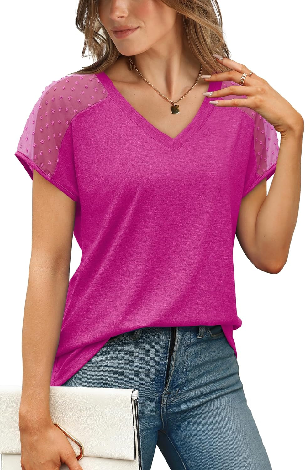 WIHOLL Summer Tops for Women V Neck T-Shirts Swiss Dot Short Sleeve Shirts Casual Fashion Blouses