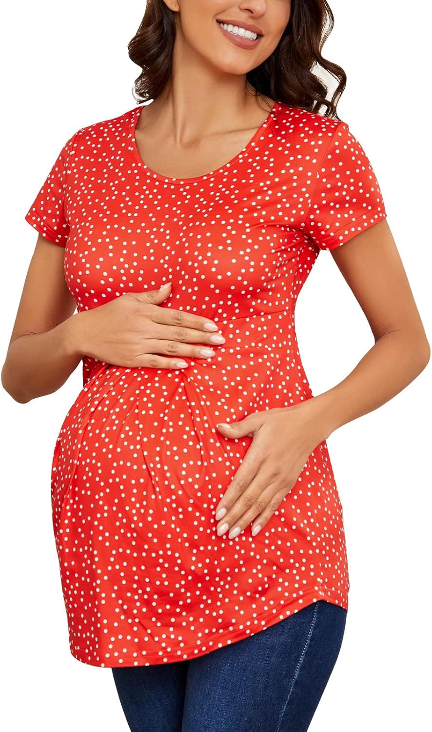 Glampunch Women'S Maternity Tops Short & 3/4 Sleeve round Neck Front Pleat Peplum Tunic Top Pregnancy Shirts