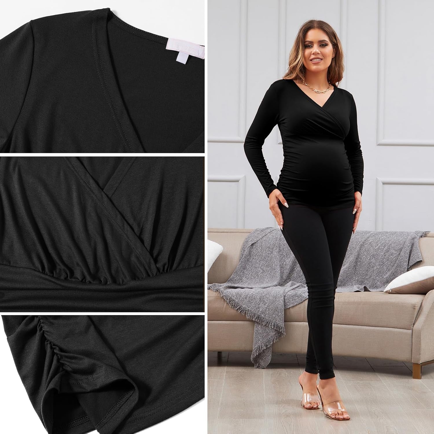 Maternity Shirt Long Sleeve Top Wrap V Neck Blouse Cross over Nursing Tshirt