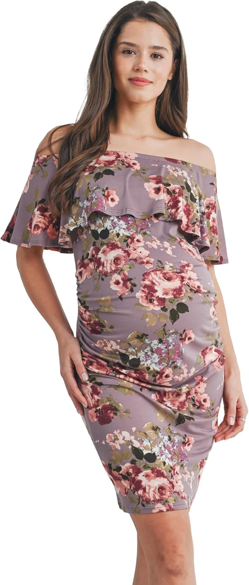 Hello MIZ Women'S Floral Ruffle off Shoulder Maternity Dress - Made in USA