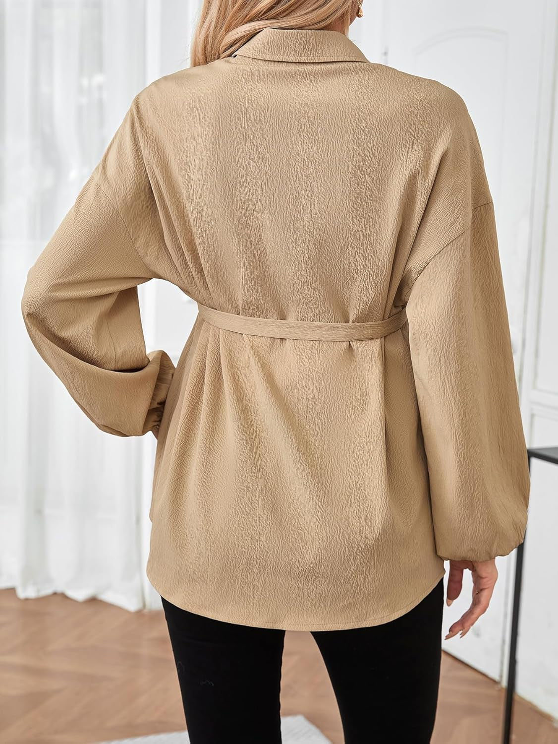 Makemechic Women'S Maternity Shirts Long Sleeve Belted Button down Casual Pregnancy Blouse Tops