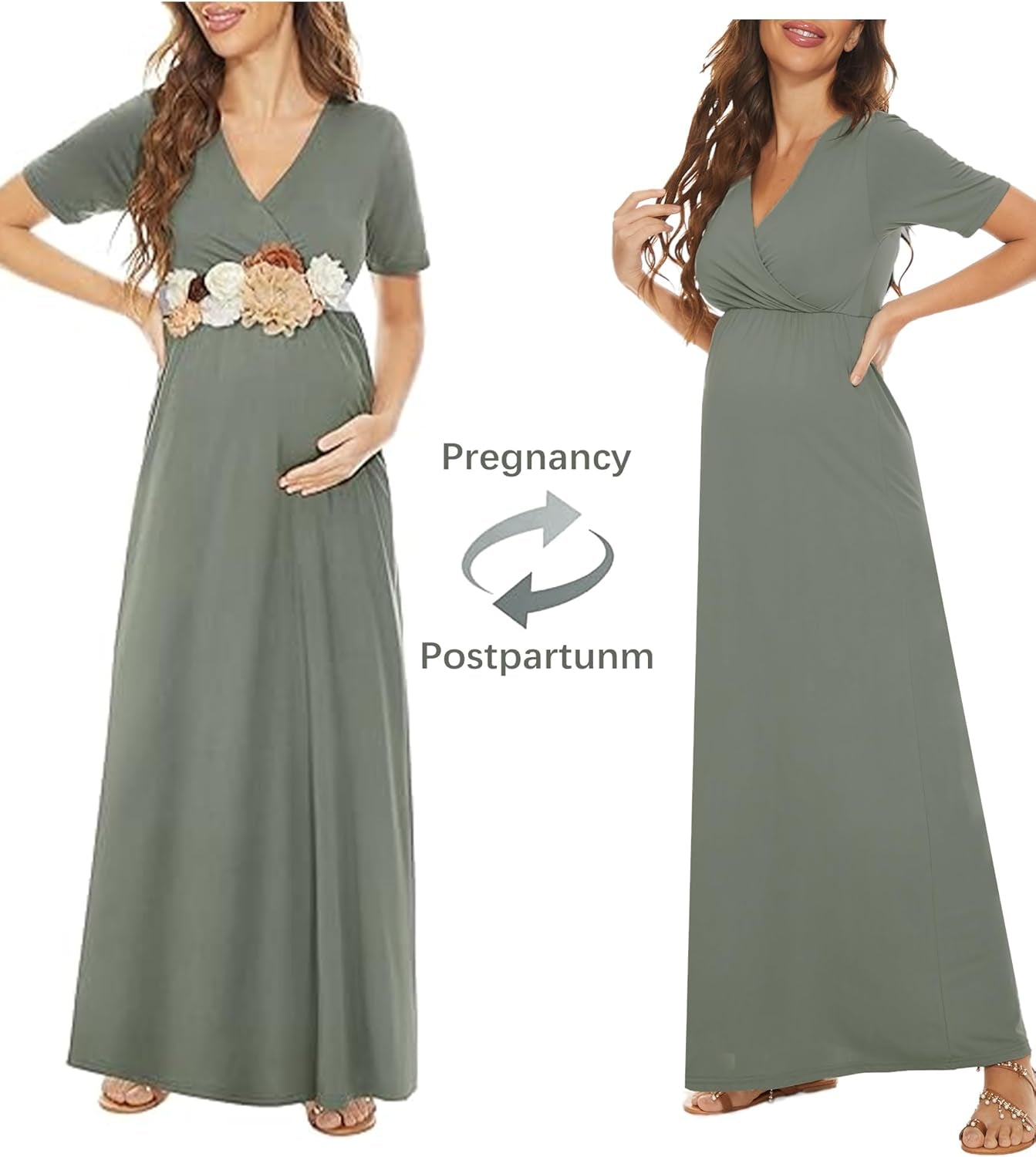 KIM S Maternity Maxi Dress with Flower Sash(S-3Xl)/Wrapped Ruched V Neck Photoshoot Baby Shower Dresses