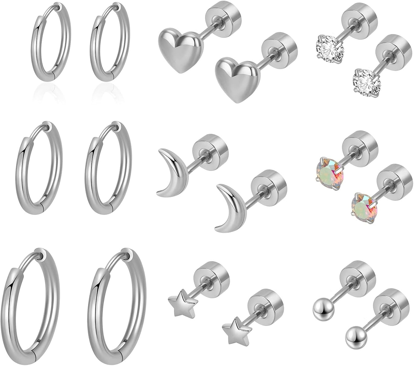 SHOWNICE Surgical Stainless Steel Flat Back Earrings for Women, Hypoallergenic Sleeping Stud Multiple Piercing Earrings Tiny Screw Back Cartilage Earring Sets