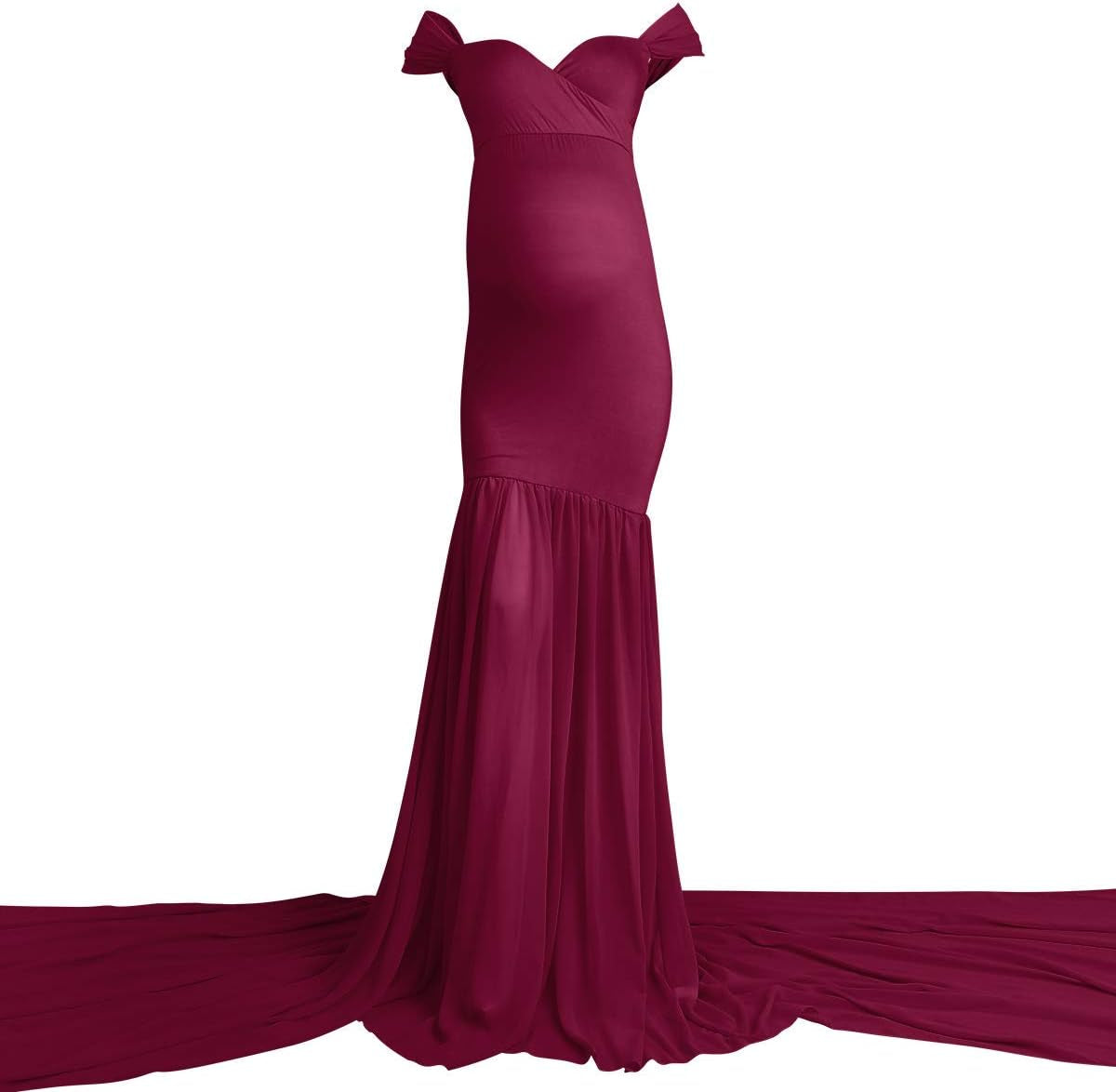 Women Maternity Dress for Photography Mermaid off Shoulder Slim Fitted Chiffon Gown Flowy Baby Shower Maxi Photo Props Dress