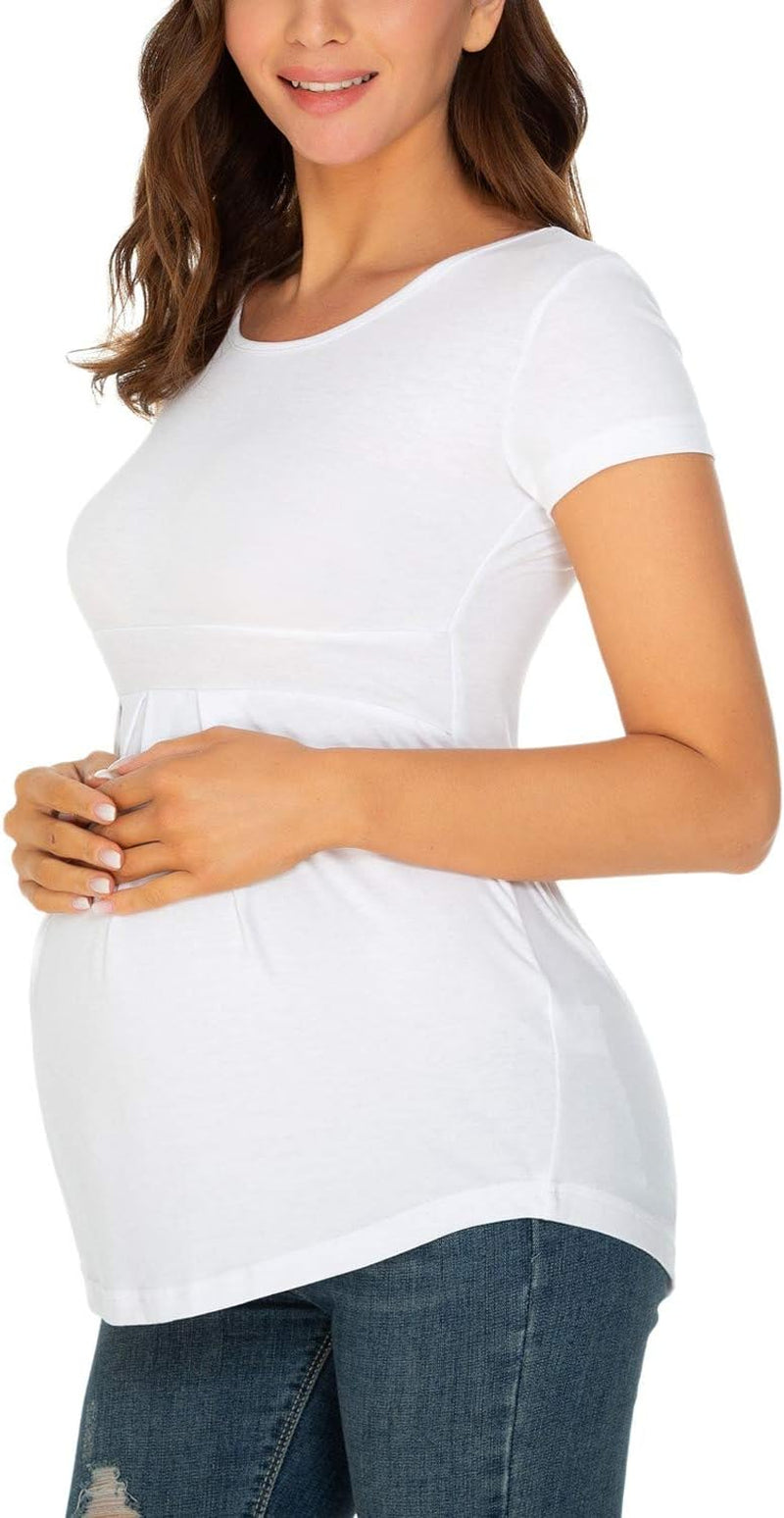 Glampunch Women'S Maternity Tops Short & 3/4 Sleeve round Neck Front Pleat Peplum Tunic Top Pregnancy Shirts