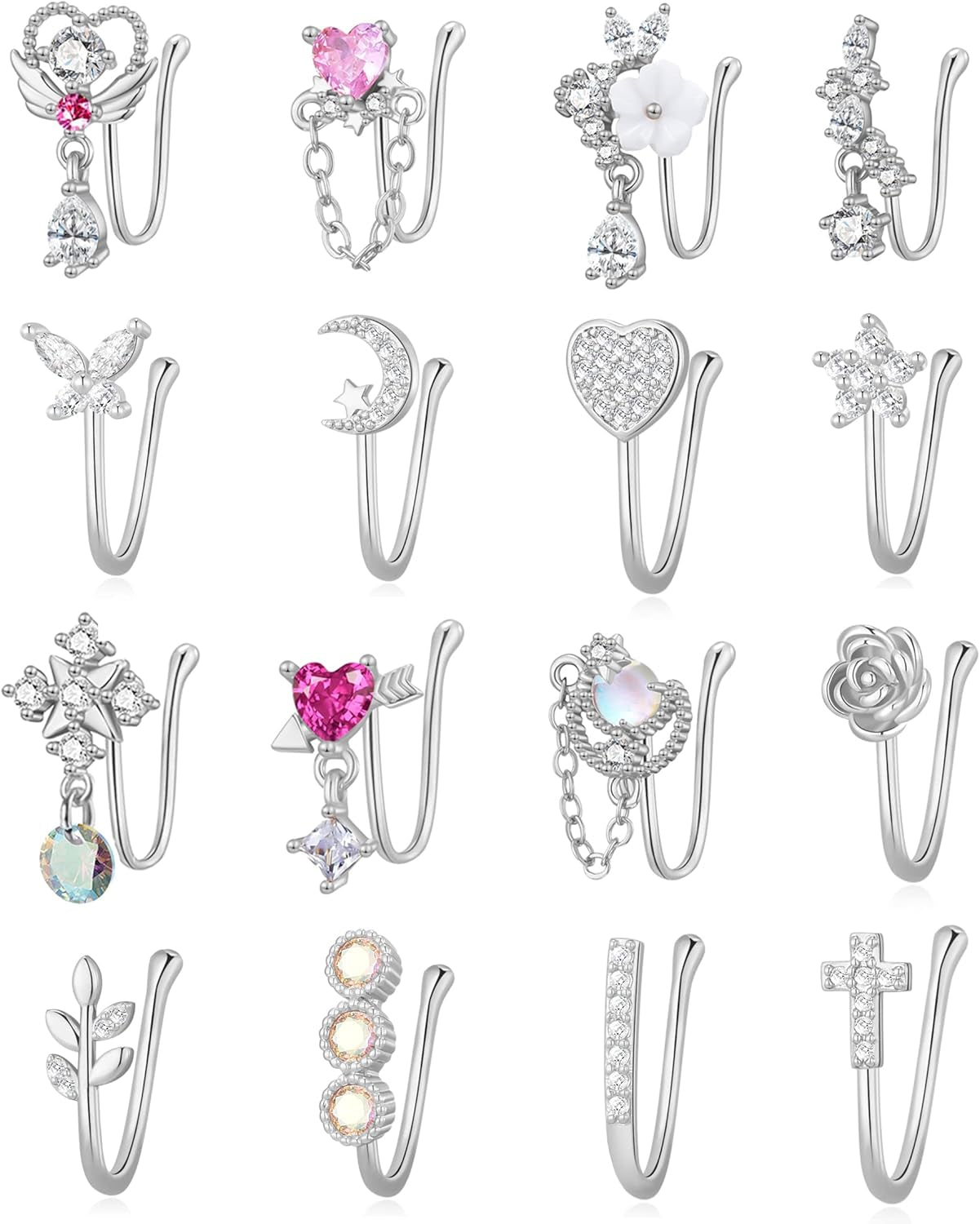 PLOMFOV 16Pcs Fake Nose Ring for Women African Nose Cuffs Faux Clip on Dangling Nose Ring Cuffs for Non Pierced Nose