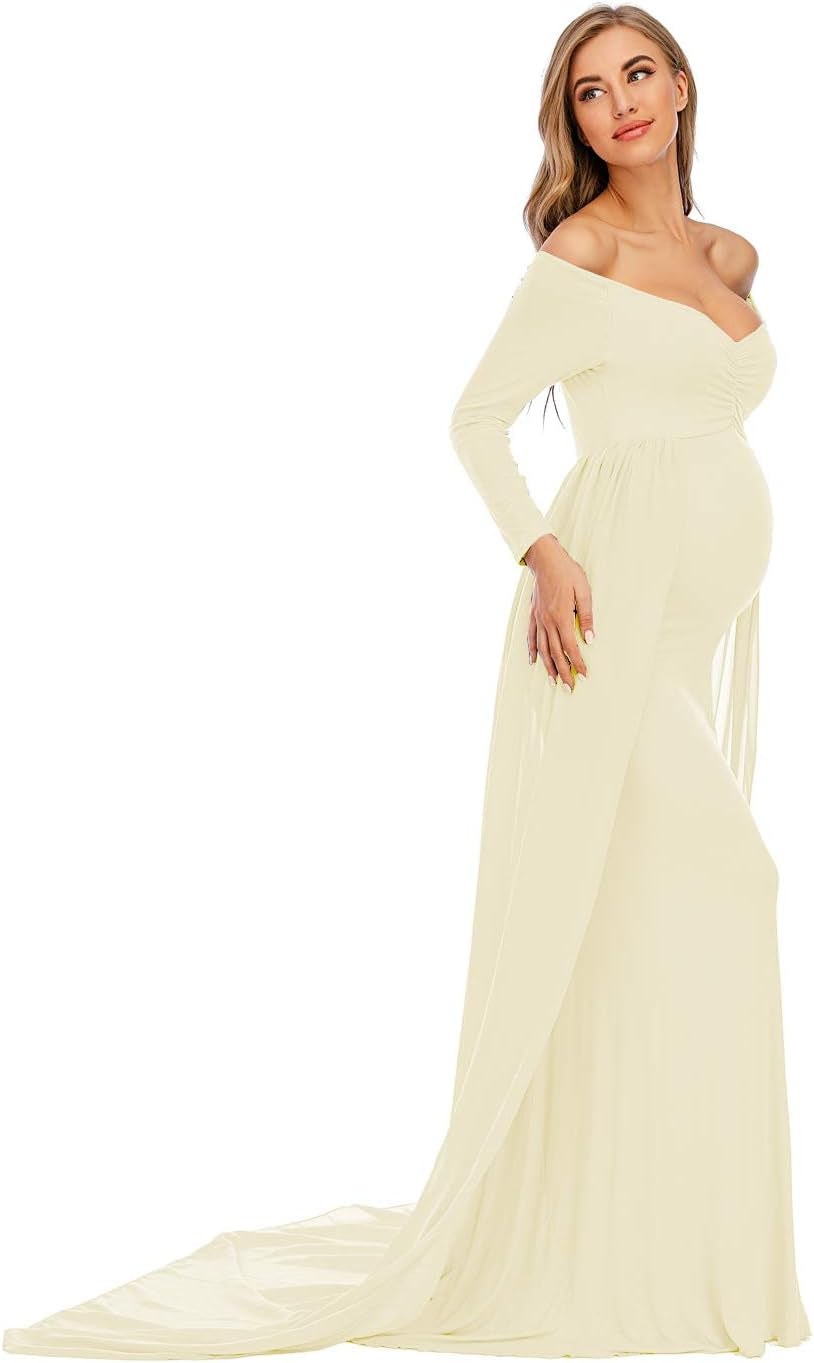 ZIUMUDY Maternity off Shoulder Long Sleeve Fitted Gown Maxi Chiffon Dress for Photo Shoot Baby Shower