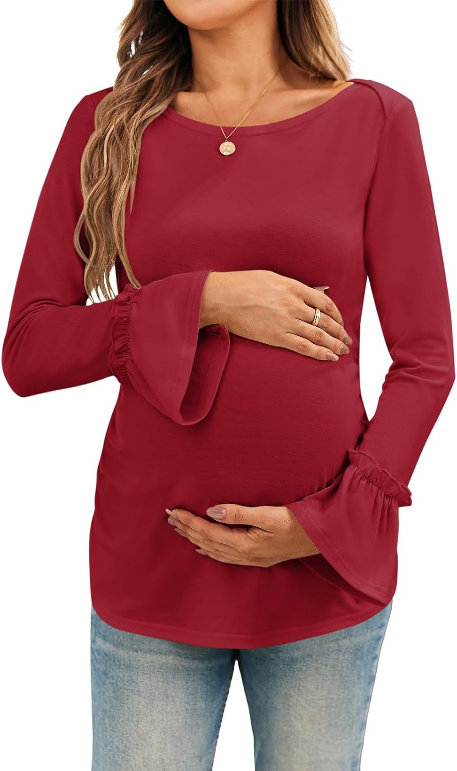 Women'S Maternity Shirts Bell Sleeve Pregnancy Tops Casual Boat Neck Maternity Clothes