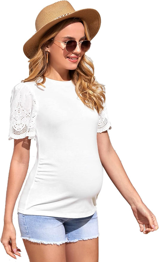 Verdusa Women'S Maternity Scalloped Short Sleeve round Neck Pregnancy Tee Top