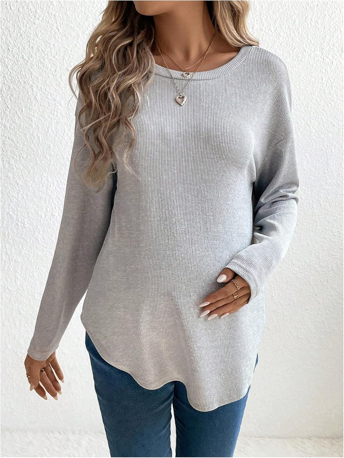 Makemechic Women'S Maternity Tee Shirt Long Sleeve round Neck Drop Shoulder Curved Hem Pregnancy Tops