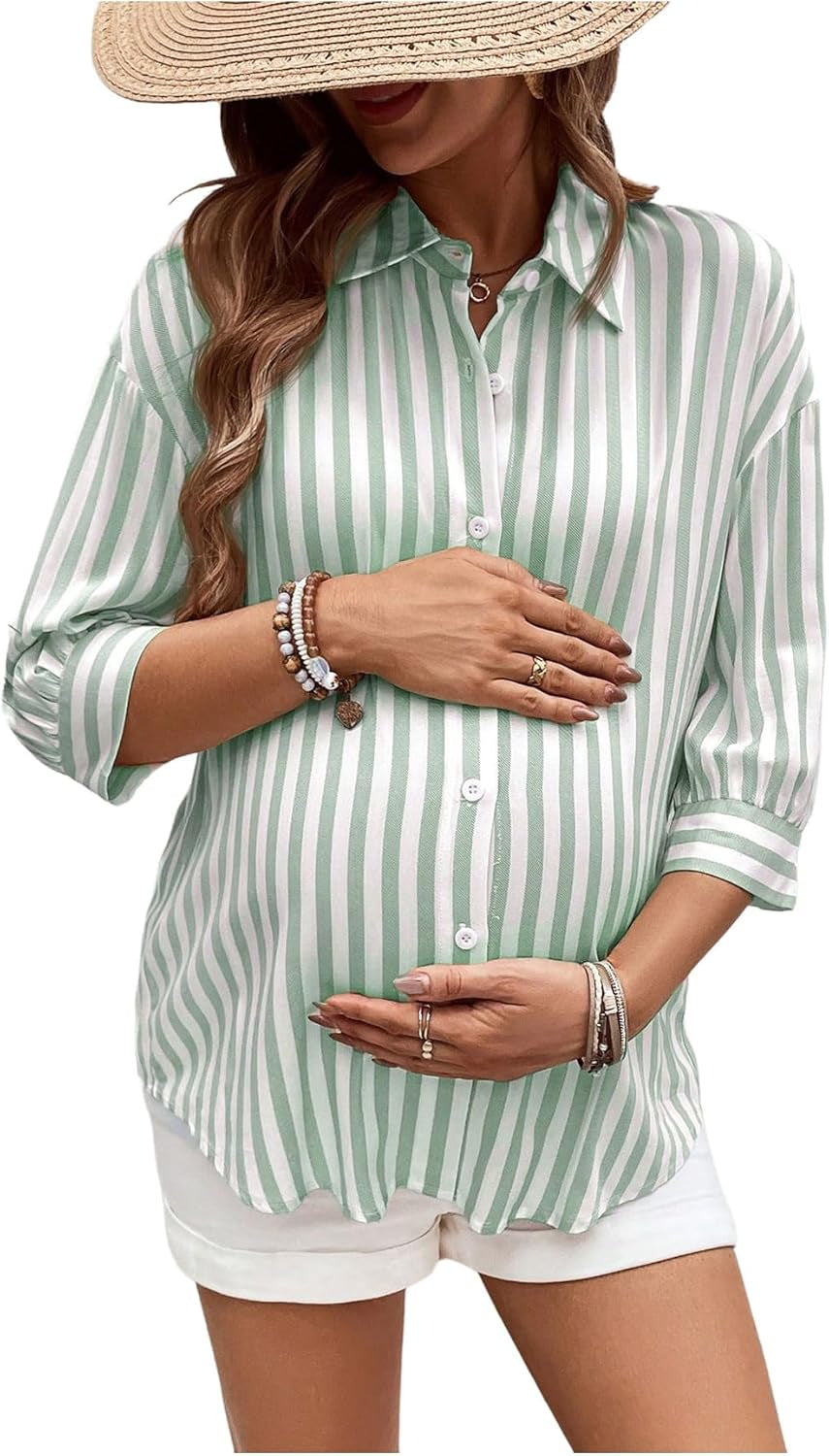 Makemechic Women'S Maternity Shirts Blouses Striped Button down 3/4 Sleeve Pregnancy Nursing Top