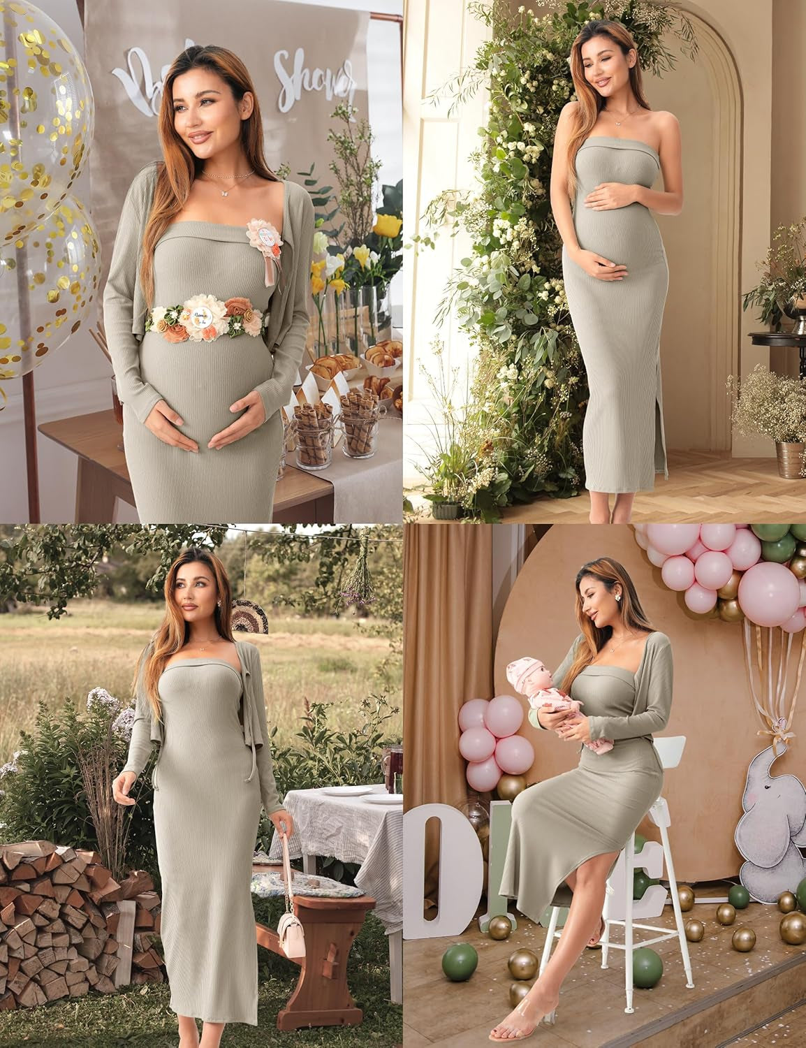 SUNNYBUY Baby Shower Maternity Tube Dress Short Cardigan Bodycon Ribbed Maxi Dress Casual 2 Piece Pregnancy Outfit Set