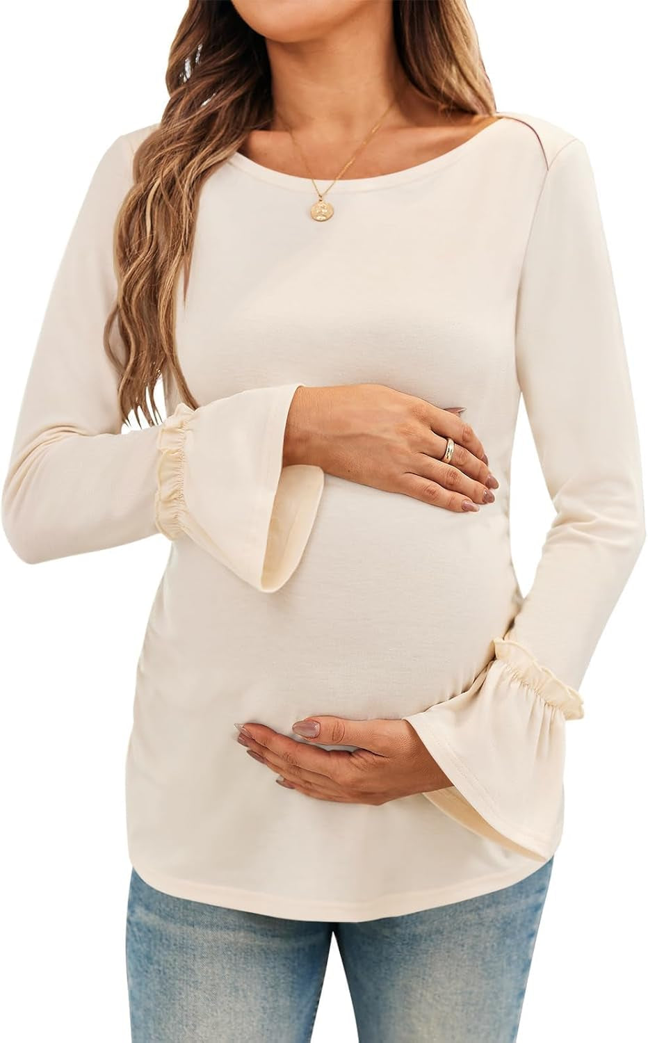 Women'S Maternity Shirts Bell Sleeve Pregnancy Tops Casual Boat Neck Maternity Clothes