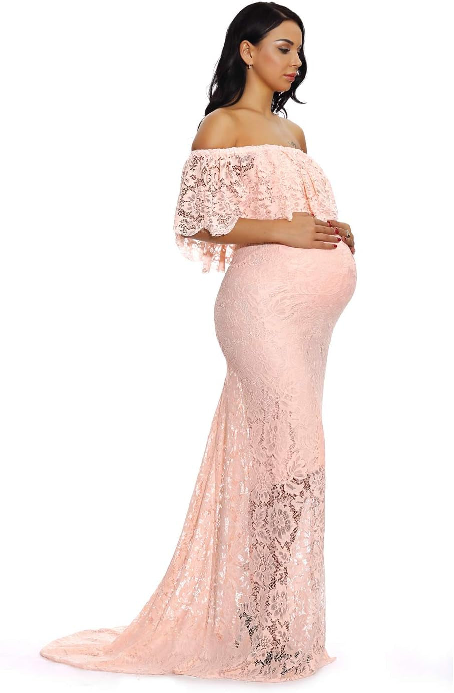 ZIUMUDY Women'S off Shoulder Ruffles Lace Maternity Gown Maxi Photography Baby Shower Dress
