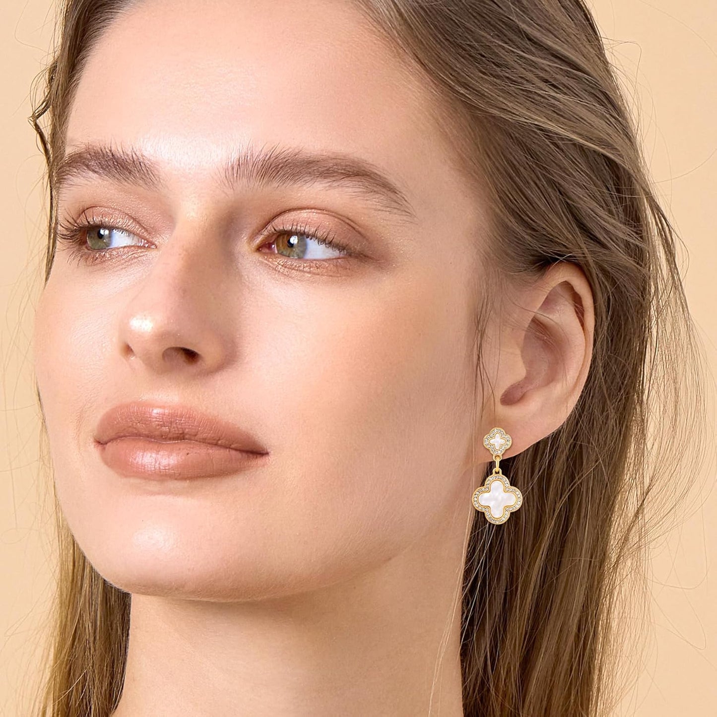 Gold Clover Earrings for Women, Elegant Dangle Lucky Four Leaf Clover Earrings with Shining Cubic Zirconia Mother of Pearl Flower Statement Earrings Trendy Jewelry Gift