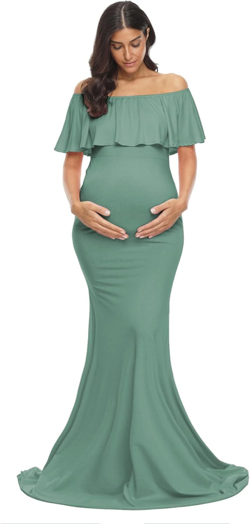 Glampunch Womens off Shoulder Maternity Dress Ruffles Elegant Slim Gowns Fit Maxi Photography Dress